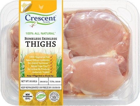 boneless skinless Halal chicken thighs in Crescent Foods packaging