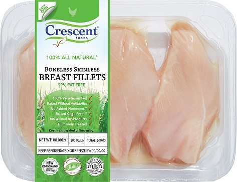 Boneless skinless Halal chicken breast fillets in packaging
