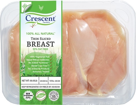Thin sliced halal chicken breast in Crescent Foods packaging