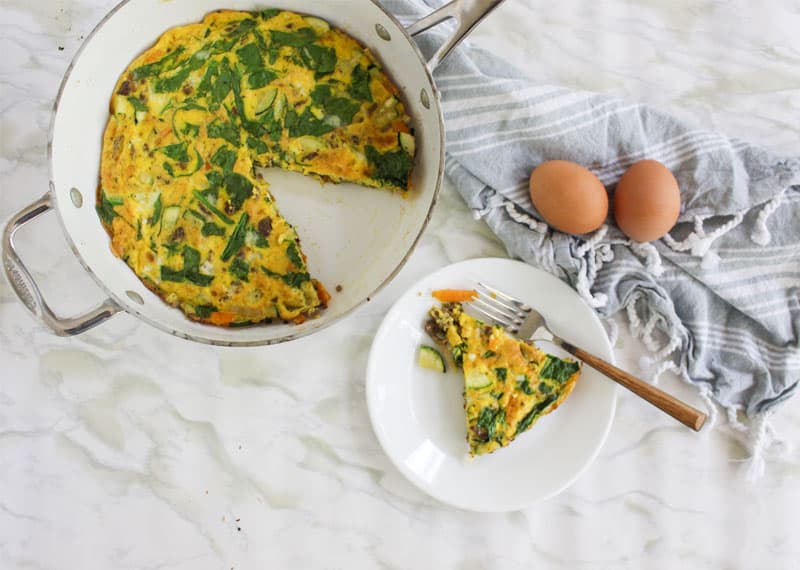 A large dish contains most of a Meat and Egg Frittata. A slice has been placed on a plate nearby.