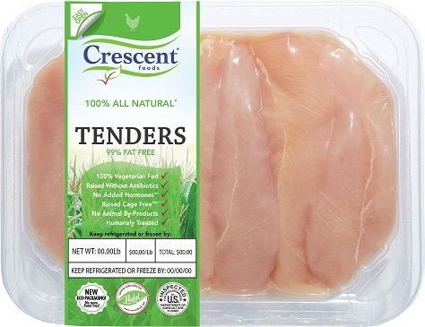 Chicken tenders halal from Crescent Foods in VSP packaging
