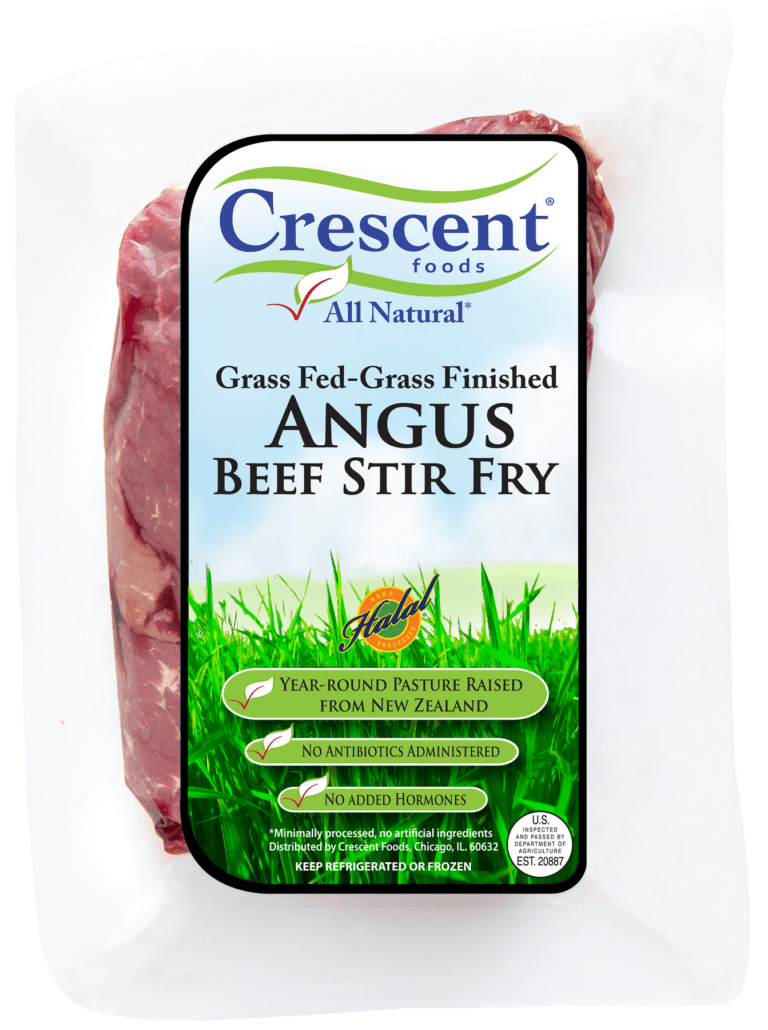 Crescent Foods Grass-Fed, Grass-Finished Angus Beef Stir Fry Meat in packaging