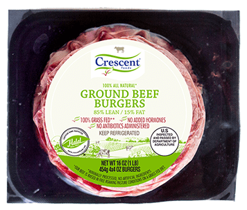 Crescent Foods Premium Halal Hand-Cut™ Ground Beef Burgers 85/15 in packaging