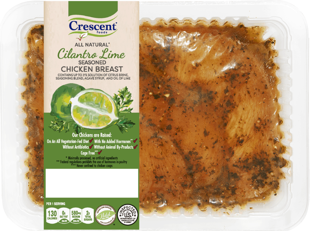 Crescent Foods Premium Halal Hand-Cut™ Cilantro Lime Seasoned Chicken Breast in packaging