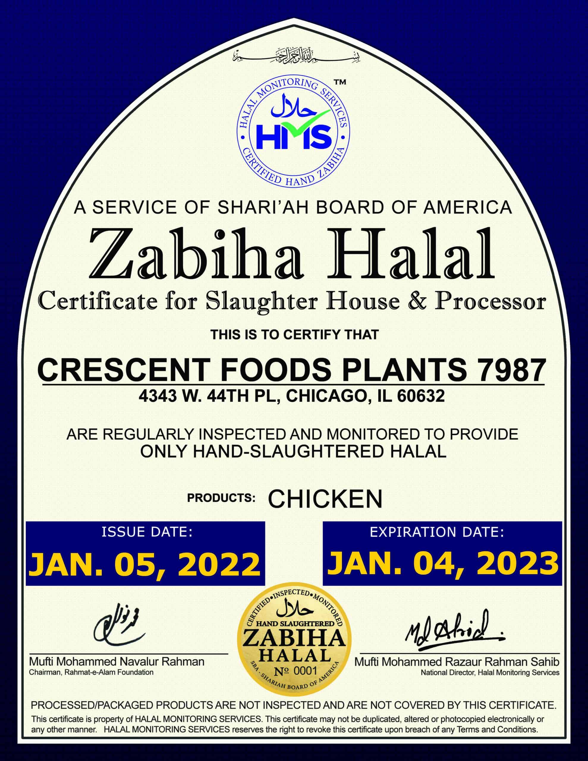 Crescent Foods Zabiha Halal Hand Slaughtered Certification: Chicken